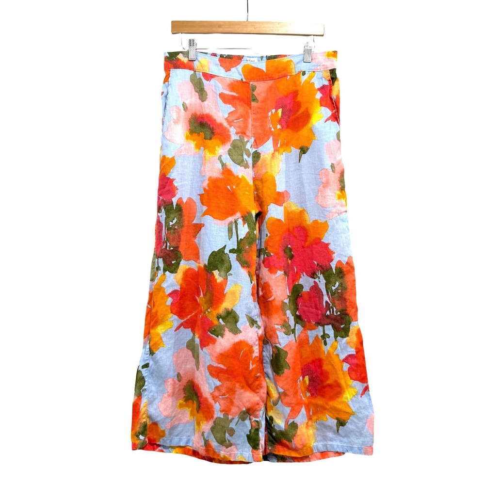 Joie Womens Large 100% Linen Wide Leg Floral Print Pants Blue Orange Multi